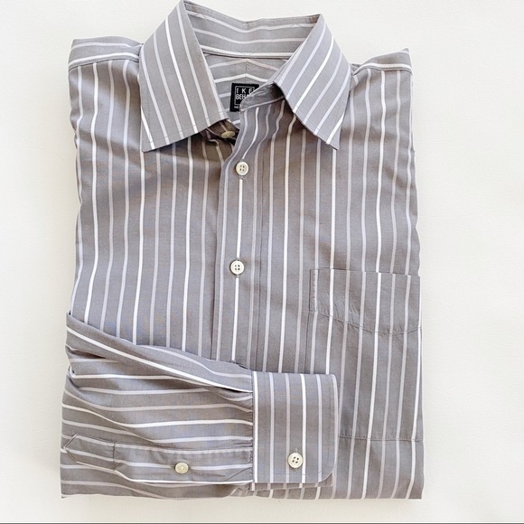 Ike Behar Gray White Stripe Button Up Dress Shirt 15.5 34 - Picture 2 of 7